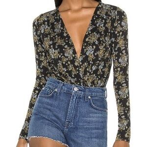 Free People Women's Black Turnt Floral Long Sleeve Bodysuit NEW size xs